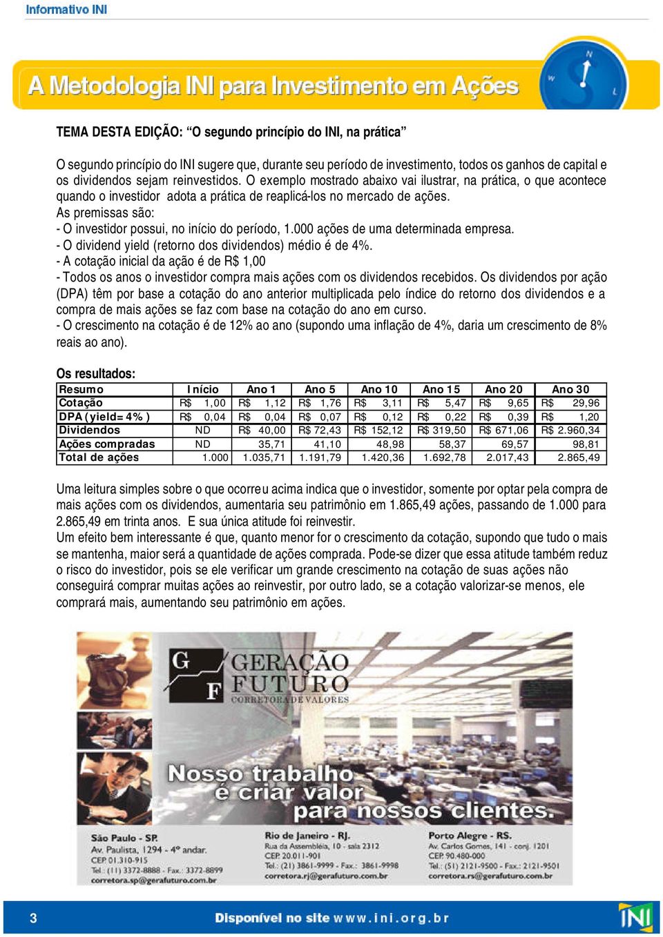 As premissas são: - O investidor possui, no início do período, 1.000 ações de uma determinada empresa. - O dividend yield (retorno dos dividendos) médio é de 4%.