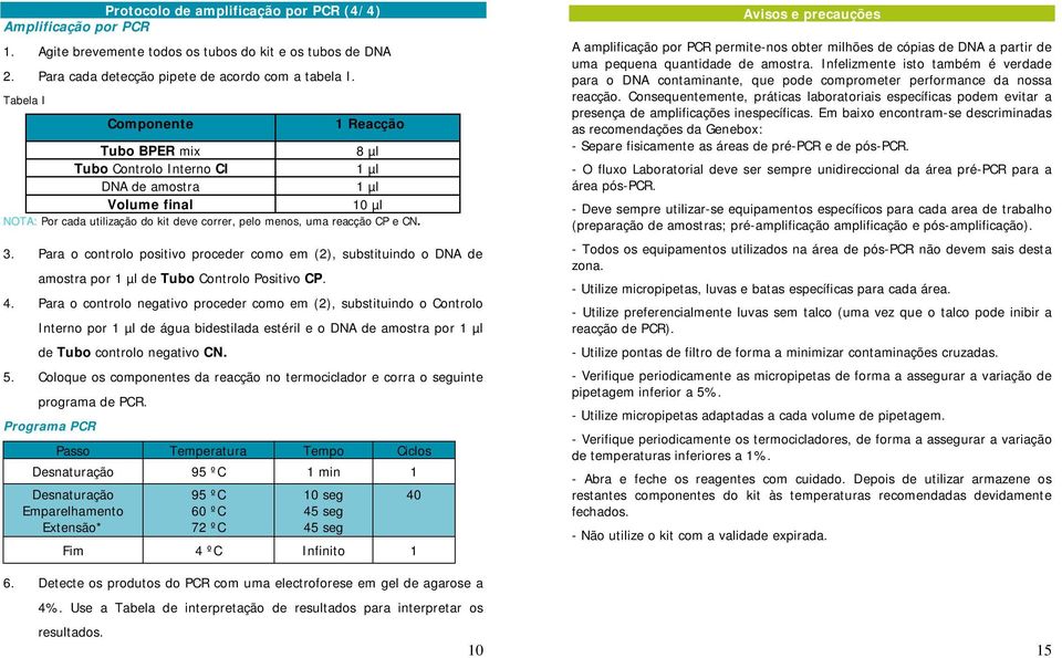 Para o controlo positivo proceder como em (2), substituindo o DNA de amostra por 1 µl de Tubo Controlo Positivo CP. 4.