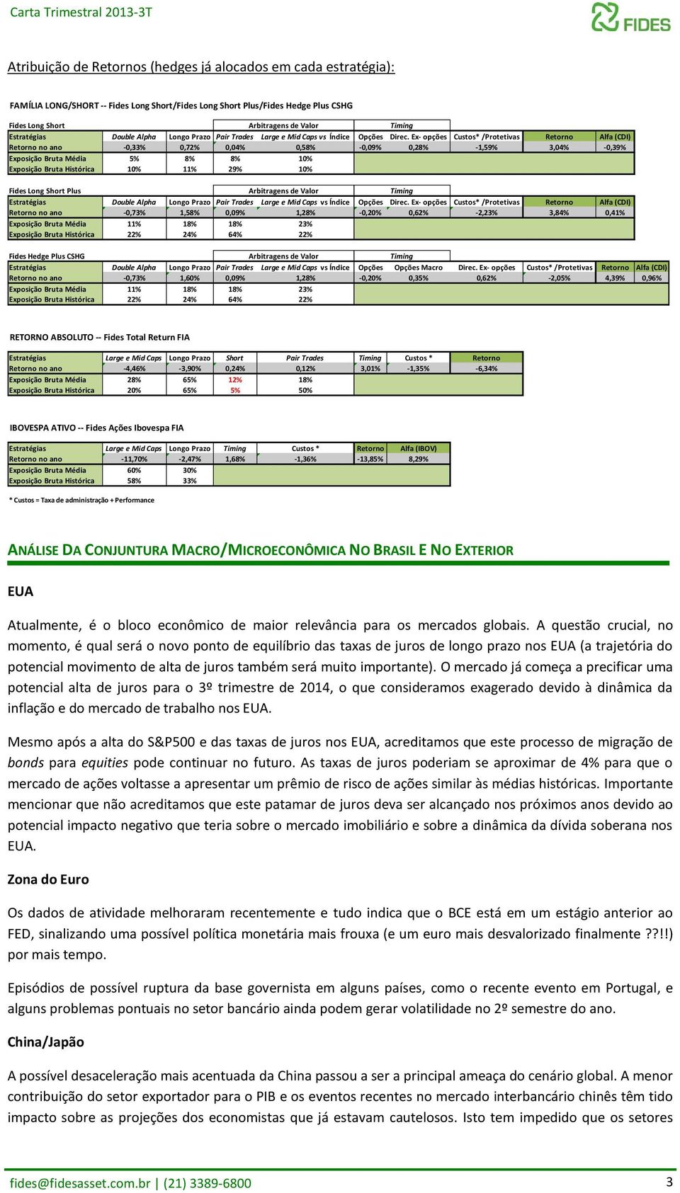 Ex- opções Custos* /Protetivas Retorno Alfa (CDI) Retorno no ano -0,33% 0,72% 0,04% 0,58% -0,09% 0,28% -1,59% 3,04% -0,39% Exposição Bruta Média 5% 8% 8% 10% Exposição Bruta Histórica 10% 11% 29% 10%