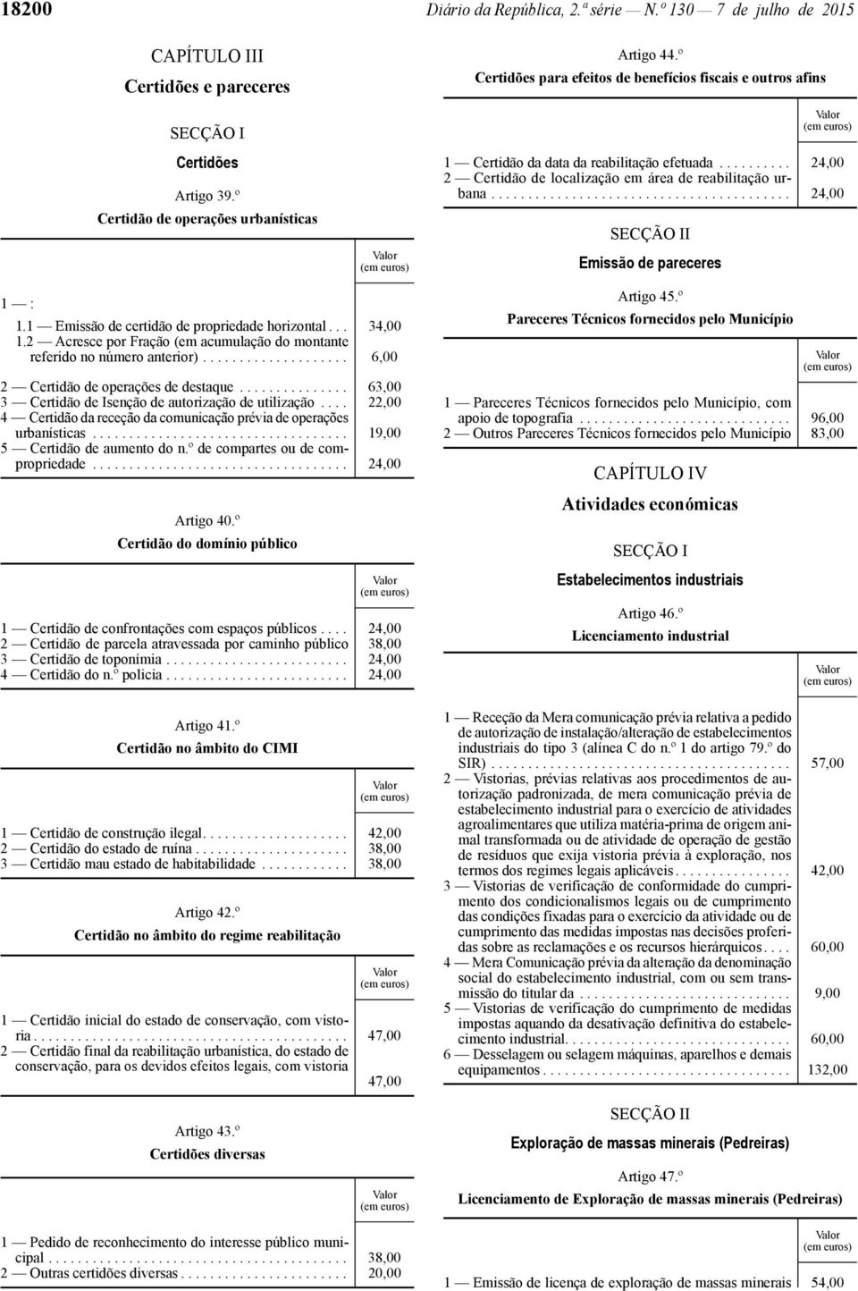 ........................................ 24,00 SECÇÃO II Emissão de pareceres 1 : 1.1 Emissão de certidão de propriedade horizontal... 34,00 1.