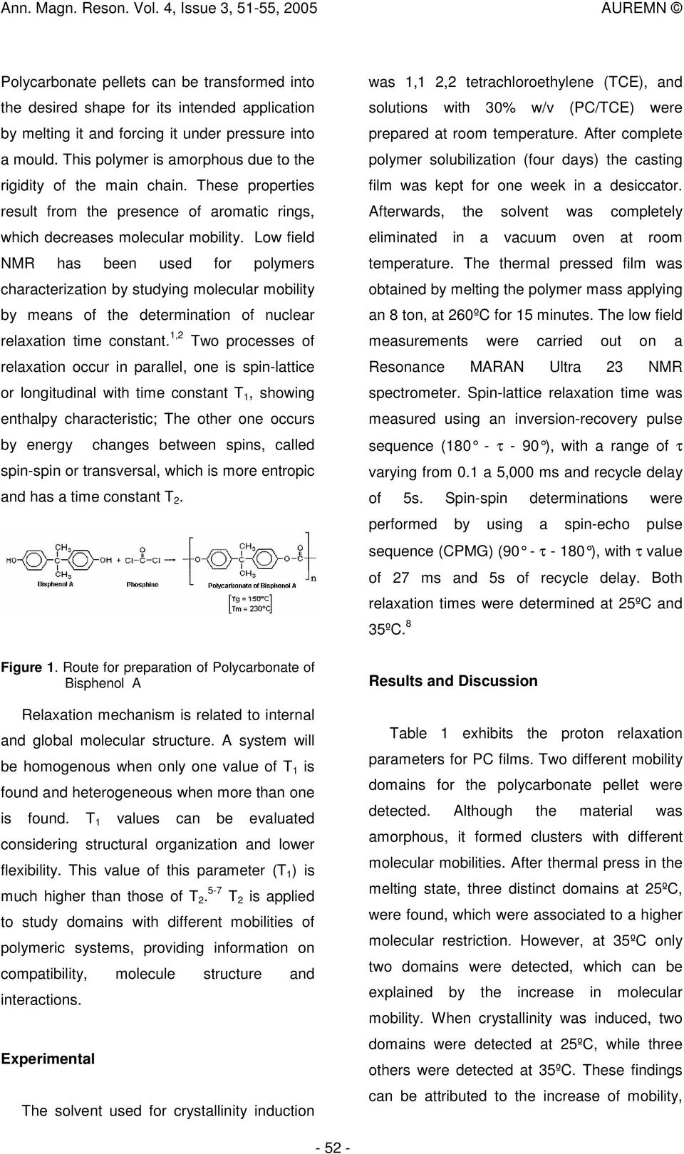 Low field NMR has been used for polymers characterization by studying molecular mobility by means of the determination of nuclear relaxation time constant.