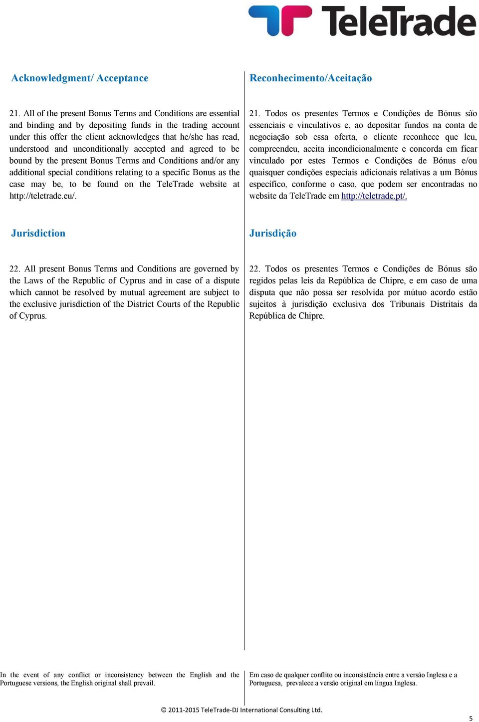 unconditionally accepted and agreed to be bound by the present Bonus Terms and Conditions and/or any additional special conditions relating to a specific Bonus as the case may be, to be found on the