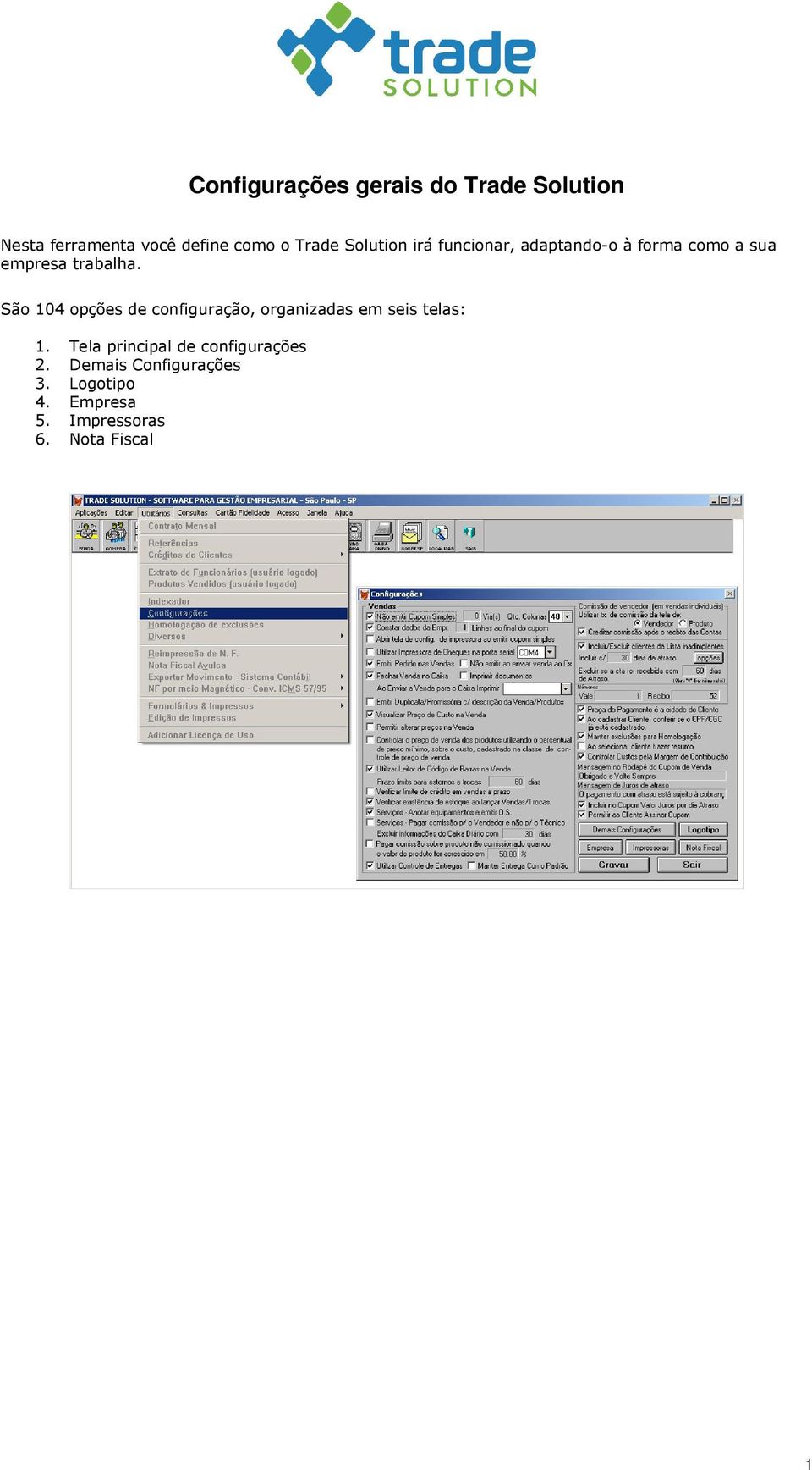 São 104 opções de configuração, organizadas em seis telas: 1.