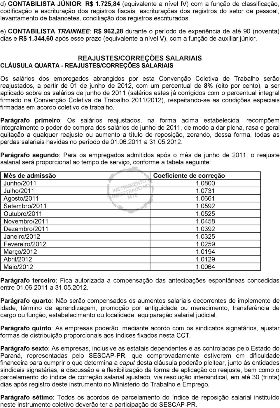 conciliação dos registros escriturados. e) CONTABILISTA TRAINNEE: R$ 962,28 durante o período de experiência de até 90 (noventa) dias e R$ 1.