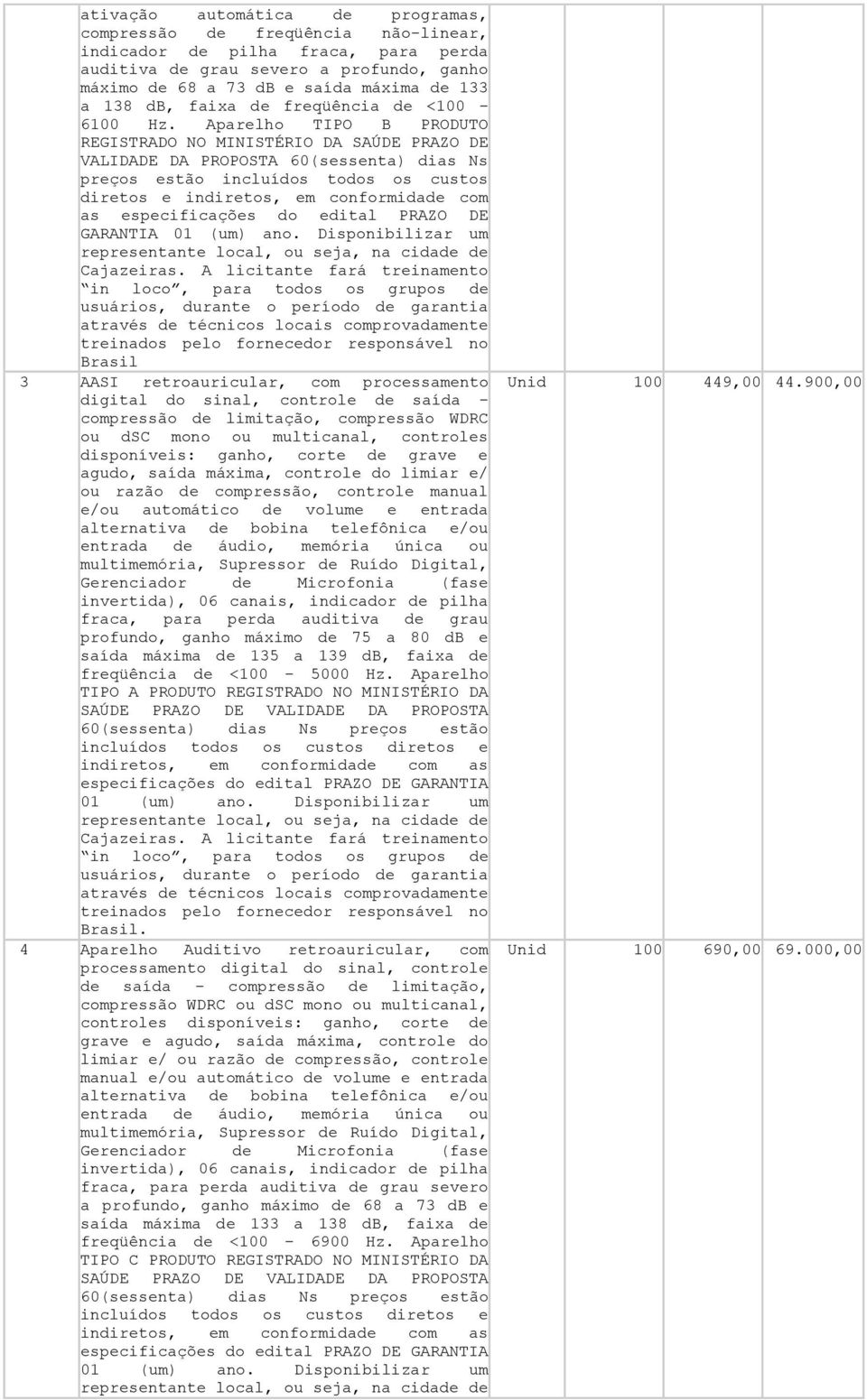 Aparelho TIPO B PRODUTO REGISTRADO NO MINISTÉRIO DA SAÚDE PRAZO DE VALIDADE DA PROPOSTA 60(sessenta) dias Ns preços estão incluídos todos os custos diretos e indiretos, em conformidade com as