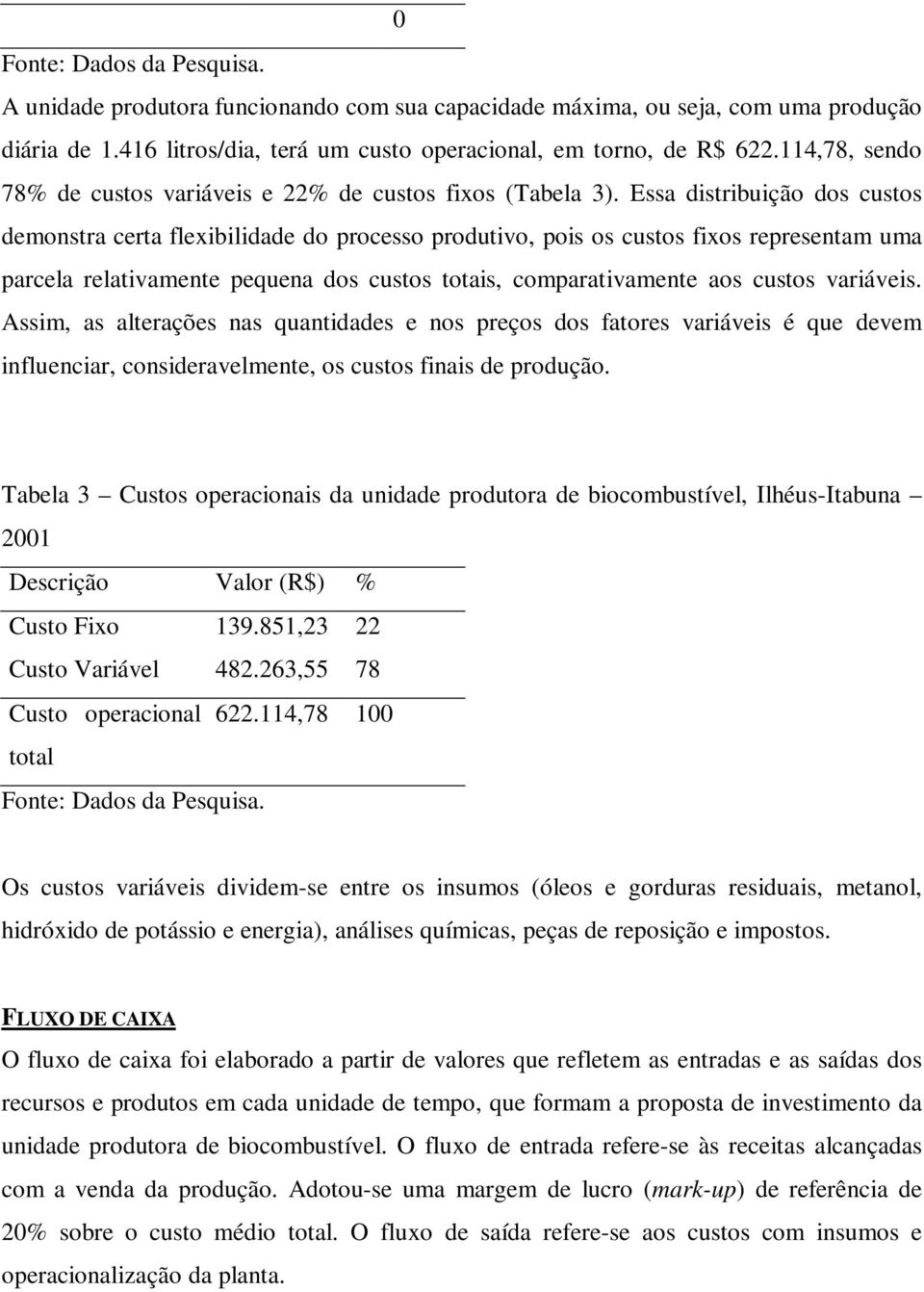 Essa distribuição dos custos demonstra certa flexibilidade do processo produtivo, pois os custos fixos representam uma parcela relativamente pequena dos custos totais, comparativamente aos custos