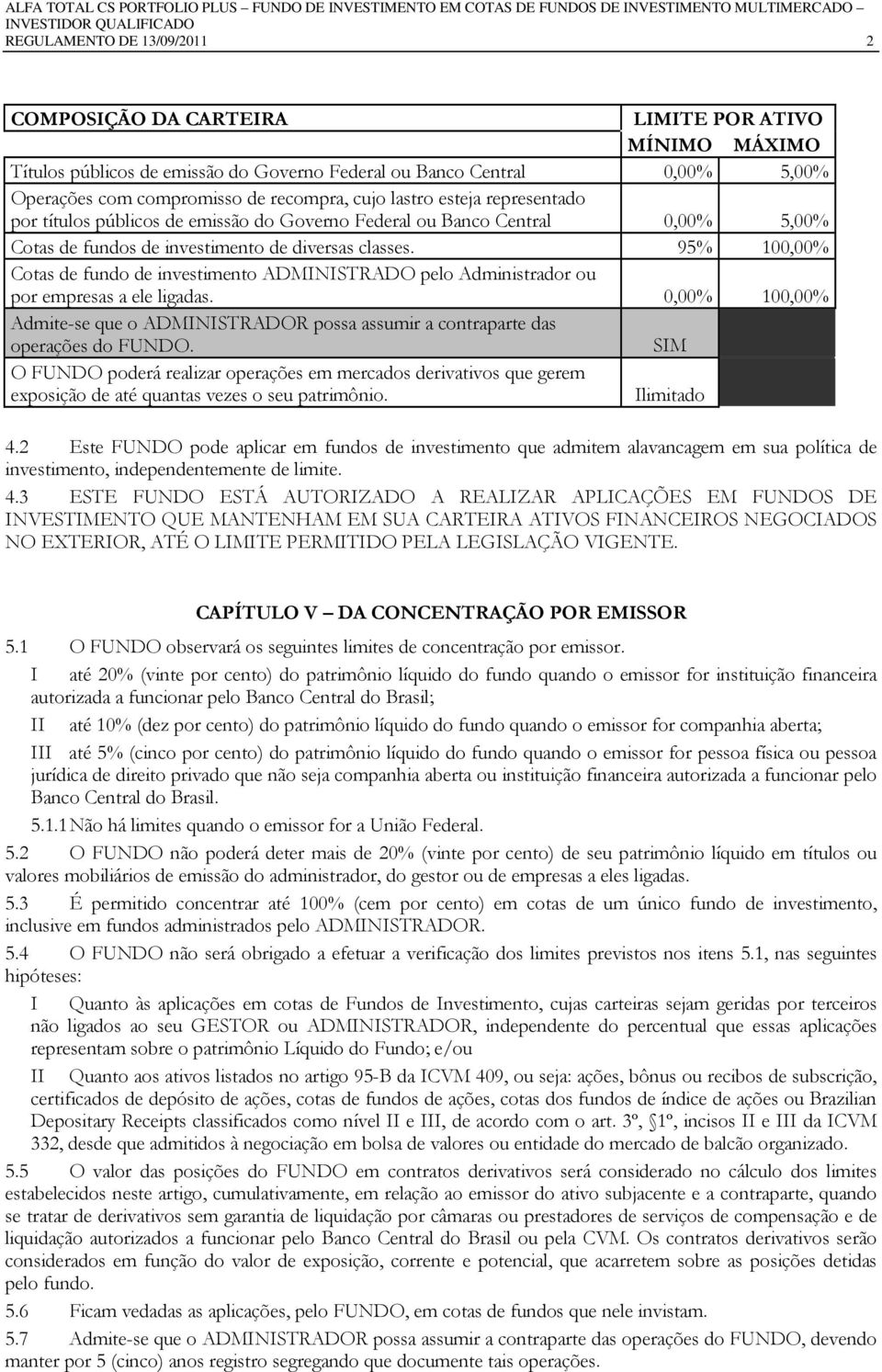 95% 100,00% Cotas de fundo de investimento ADMINISTRADO pelo Administrador ou por empresas a ele ligadas.