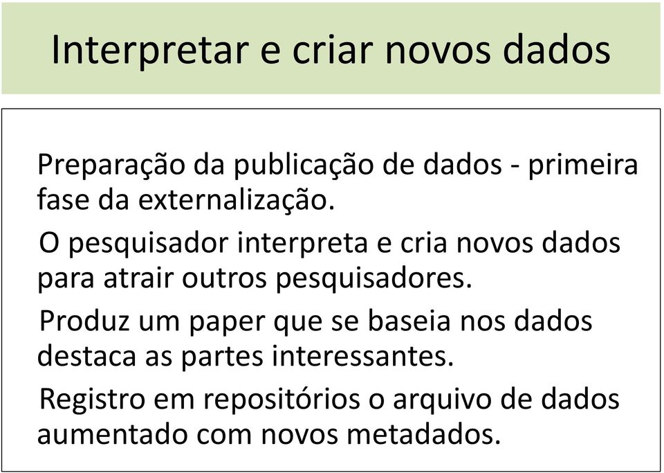 O pesquisador interpreta e cria novos dados para atrair outros pesquisadores.