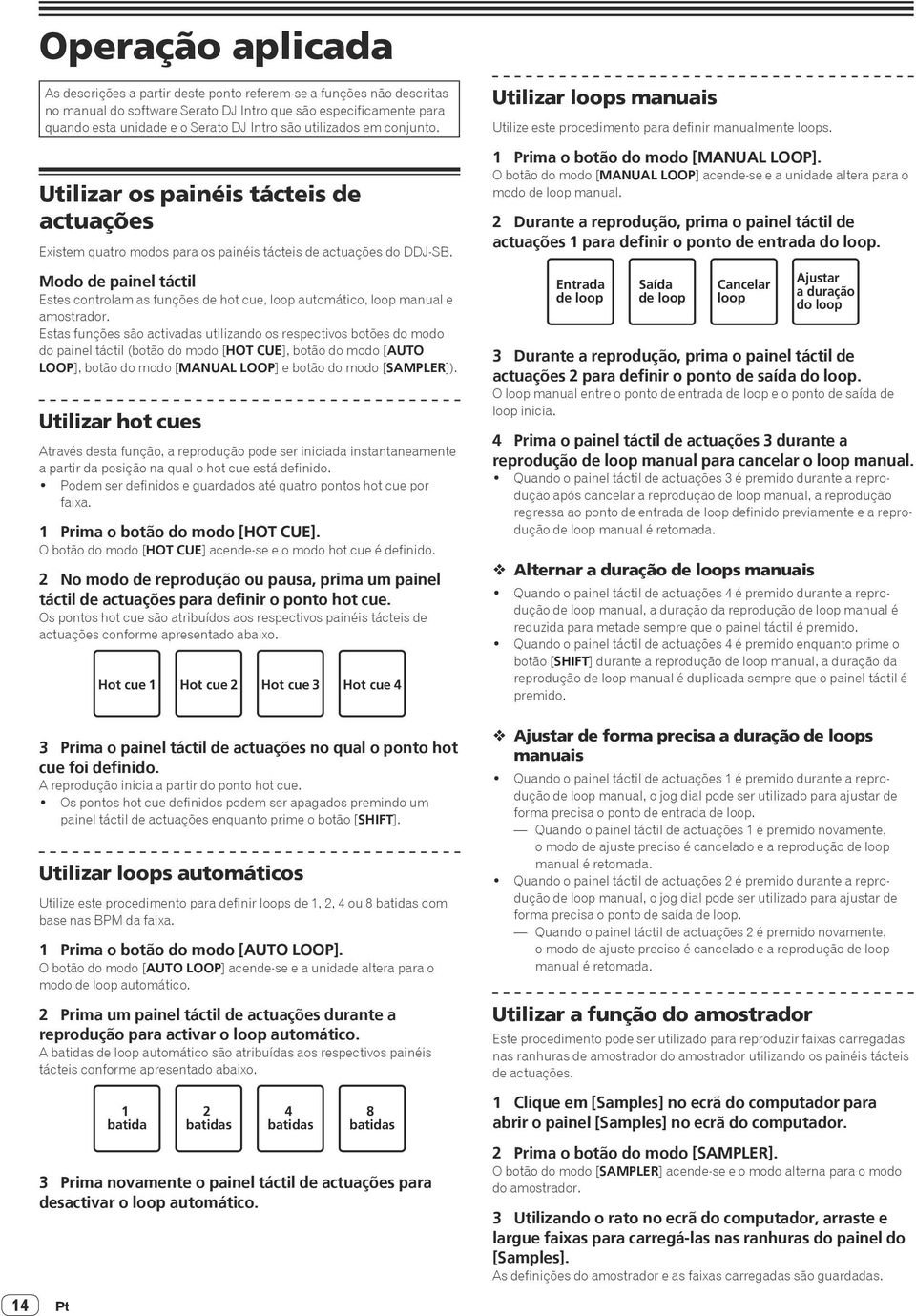 Modo de painel táctil Estes controlam as funções de hot cue, loop automático, loop manual e amostrador.