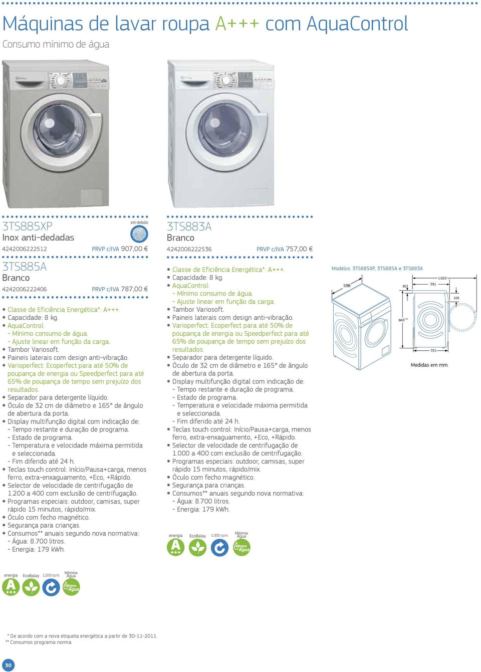 Varioperfect: Ecoperfect para até 50% de poupança de energia ou Speedperfect para até 65% de poupança de tempo sem prejuízo dos resultados. Separador para detergente líquido.