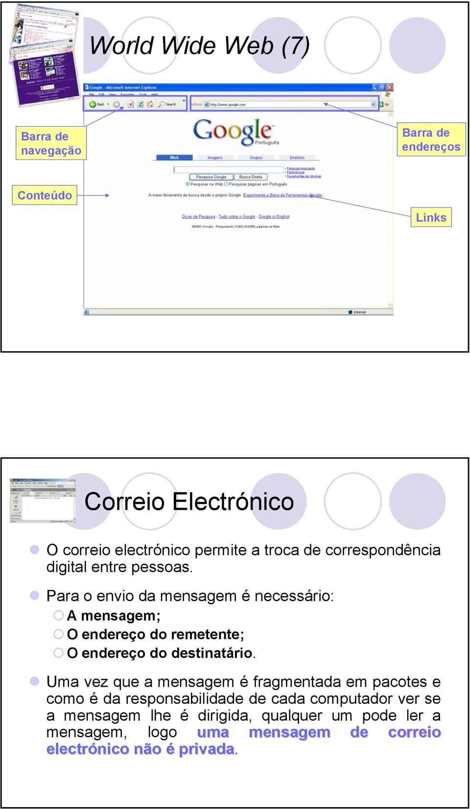 Para o envio da mensagem é necessário: A mensagem; O endereço do remetente; O endereço do destinatário.