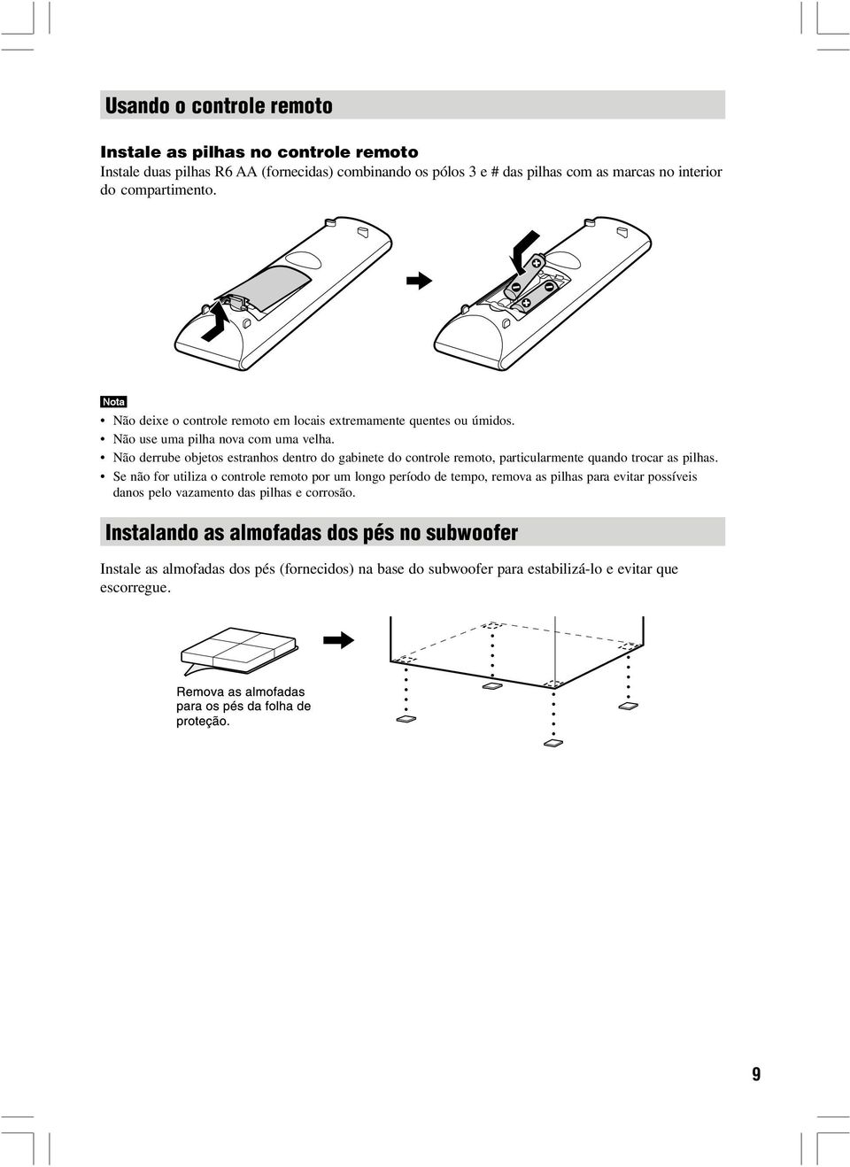 Não derrube objetos estranhos dentro do gabinete do controle remoto, particularmente quando trocar as pilhas.