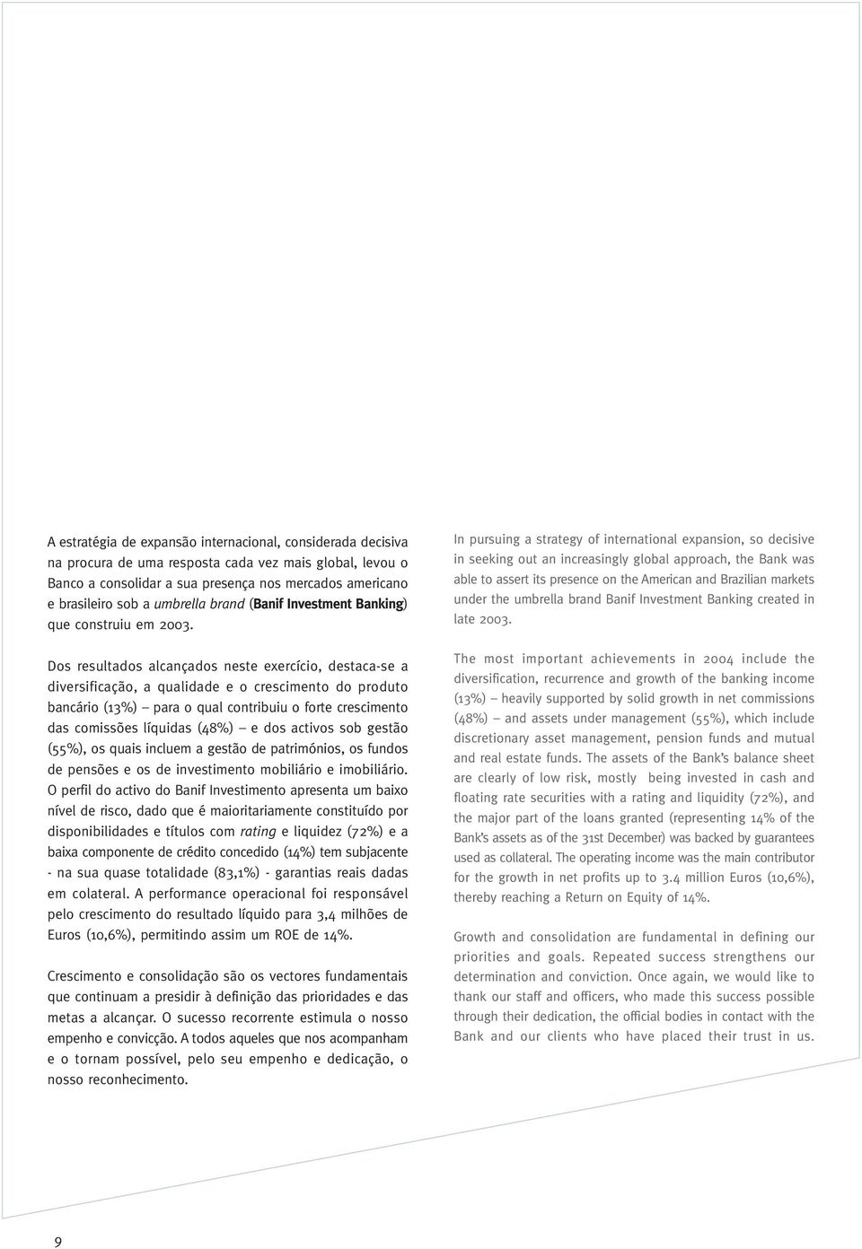 Dos resultados alcançados neste exercício, destaca-se a diversificação, a qualidade e o crescimento do produto bancário (13%) para o qual contribuiu o forte crescimento das comissões líquidas (48%) e