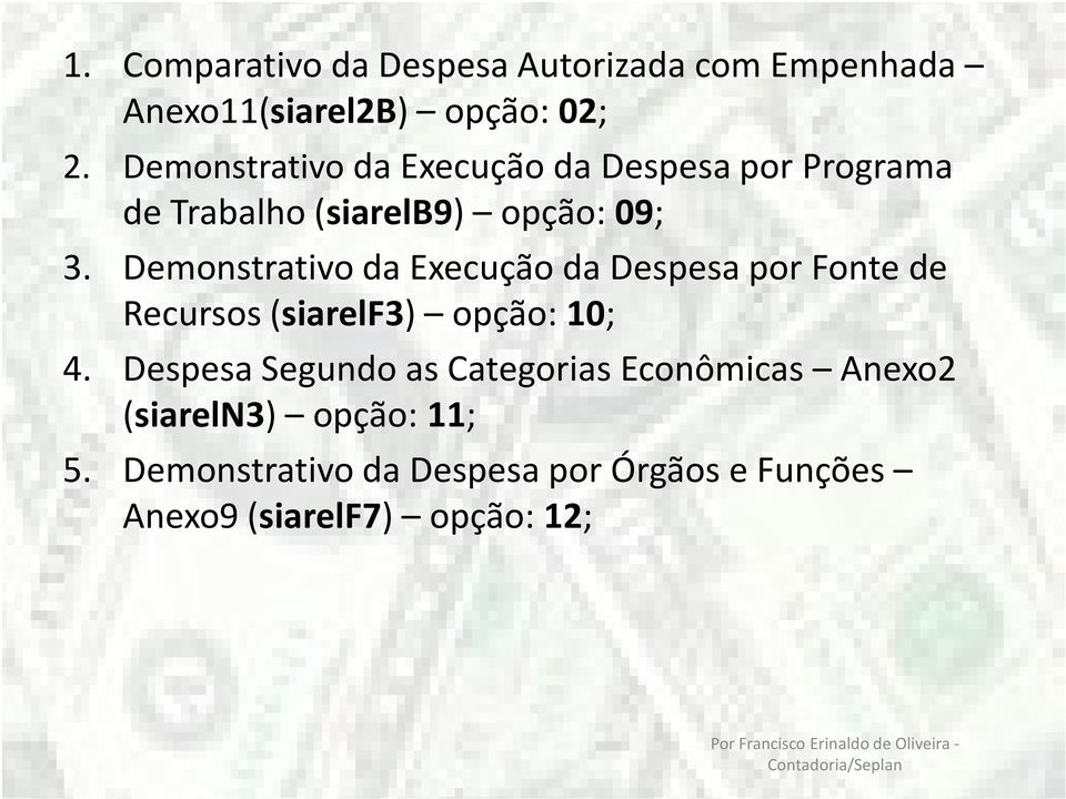 Demonstrativo da Execução da Despesa por Fonte de Recursos (siarelf3) opção: 10; 4.