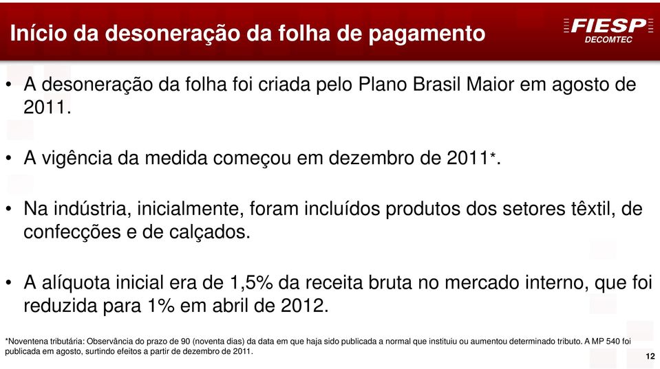 A alíquota inicial era de 1,5% da receita bruta no mercado interno, que foi reduzida para 1% em abril de 2012.