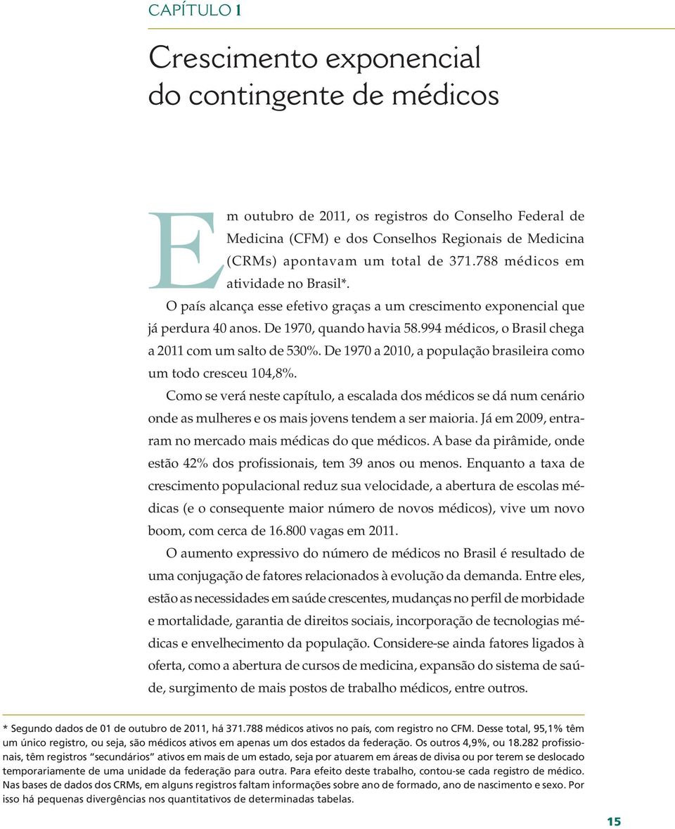 994 médicos, o Brasil chega a 2011 com um salto de 530%. De 1970 a 2010, a população brasileira como um todo cresceu 104,8%.