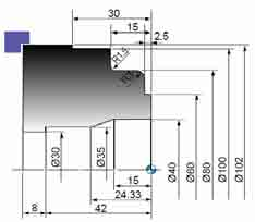 Exemplo com G1 / G2 / G3 O0001: N10 G00 U2.0 Z-1.0 G00 X60. Z3.0 T0202 (BROCA 30MM) G01 X60.5 F0.23 G42 Z1.0 G54 G01 Z-2.5 F0.2 G97 S2500 M03 G00 X82.0 W1 X74.0 G00 X0 Z5.0 M08 Z-2.4 G03 X80.0 Z-5.