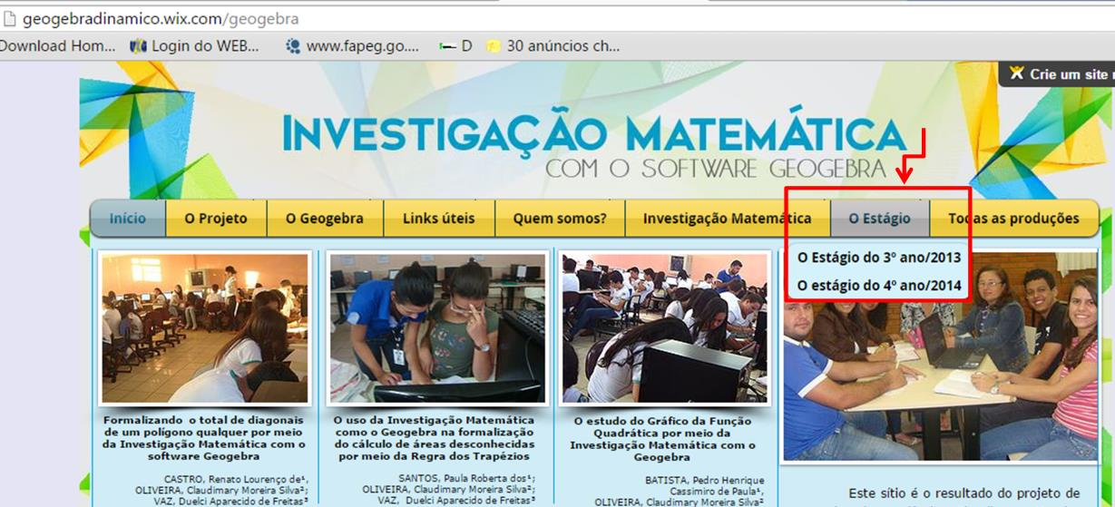 Na página "Investigação Matemática" estão as abas que direcionam o leitor para os projetos de pesquisas dos estagiários onde se encontram os resumos das pesquisas e os links para os artigos