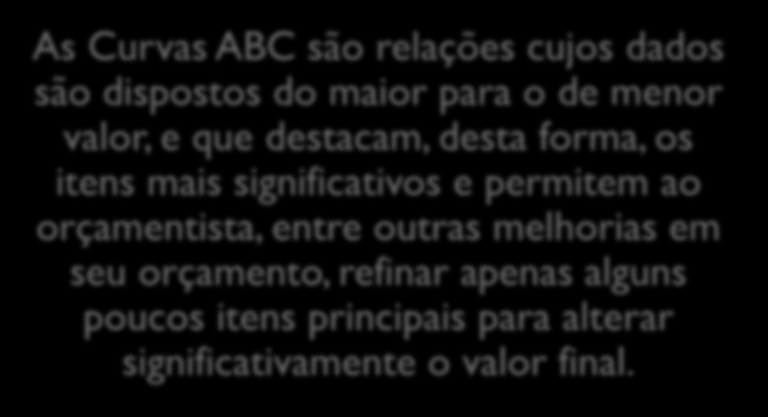 As Curvas ABC são relações cujos dados são dispostos do maior para o de menor valor, e que destacam, desta forma, os itens mais significativos e