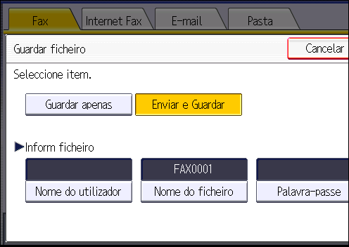 4. Fax 4. Defina o nome do utilizador, nome do ficheiro e palavra-passe, consoante seja necessário. Nome de utilizador Prima a tecla [Nome do utilizador] e seleccione um nome de utilizador.