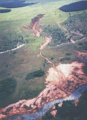 VOÇOROCAS (boçorocas do tupi guarani ibi çoroc) Forma: linear, taludes com surgências (piping) e movimentos de massa, assoreamento ao fundo, fluxo contínuo de fundo, em geral profundas; podem ter 2