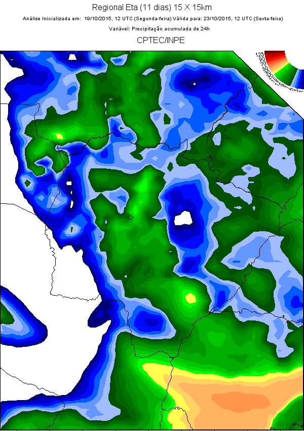 PRECIPITAÇÃO PLUVIOMÉTRICA ACUMULADA PARA O MATO GROSSO DO SUL Entre os dias 12 e 18 de outubro de 2015, verifica-se, na figura 1, que ocorreram Figura 1: Precipitação acumulada em Mato Grosso do Sul
