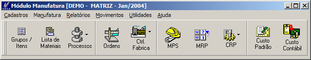 Estrutura da barra de funções do MEGA Manufatura No sentido de facilitar a utilização dos recursos do MEGA Manufatura, estruturou-se uma barra de funções dentro do software, como vemos abaixo,