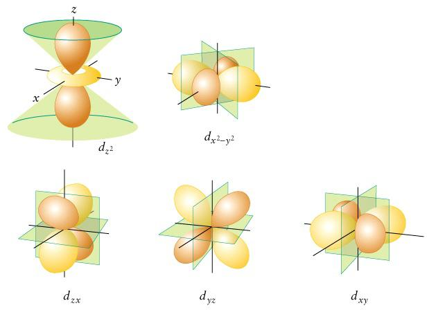 Existem cinco orbitais d e sete orbitais f. Três dos orbitais d encontram-se em um plano bissecante aos eixos x-, y- e z.