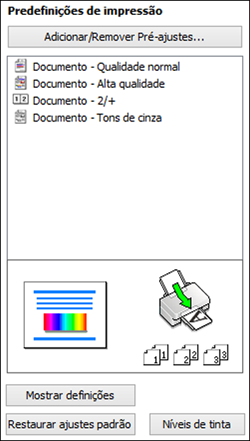 2. Coloque o seu cursor sobre uma das Predefinições de impressão para ver uma lista de configurações. 3.