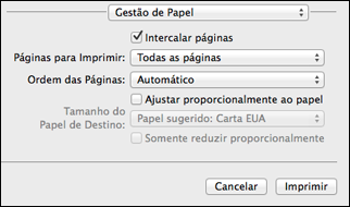 Tema principal: Como imprimir com OS X Dimensionamento de imagens impressas - OS X Você pode ajustar o tamanho da imagem ao imprimir selecionando Gestão de Papel no menu suspenso na janela Imprimir.