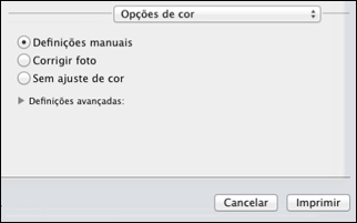 2. Selecione uma das opções disponíveis. 3. Selecione Opções de cor no menu suspenso na janela de impressão.