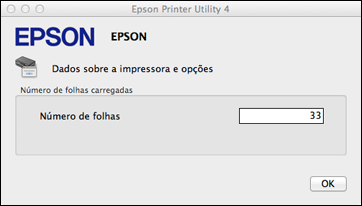 5. Depois de checar o número de folhas carregados na impressora, clique em OK para fechar a janela. Observação: O número de folhas é exibido somente quando o Epson Status Monitor 3 está ativado.