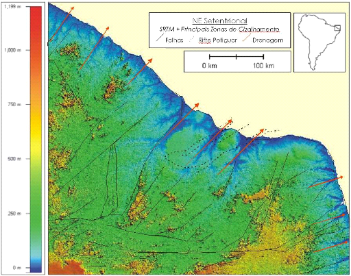 185 Vales fluviais do NE: considerações geomorfológicas Anomalias de drenagem (Canais retilíneos sobre sedimentação neógena, paralelos aos planos de falhas NE SW) associadas a mudanças na morfologia