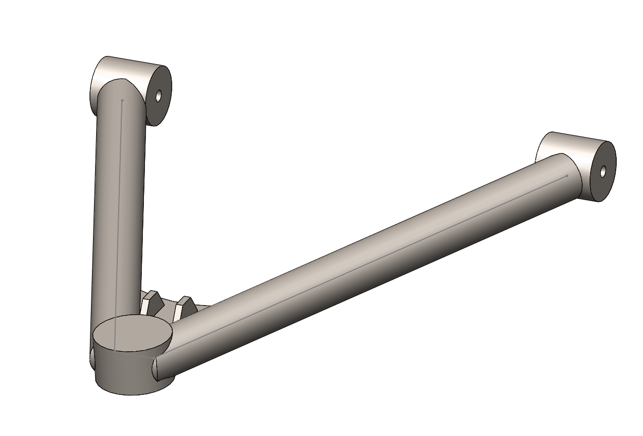 Figura 4.3 Design final do braço superior Como é mostrado na figura, existe um elemento de seção cilíndrica na interseção dos tubos onde será instalado o terminal para a fixação com a manga do eixo.