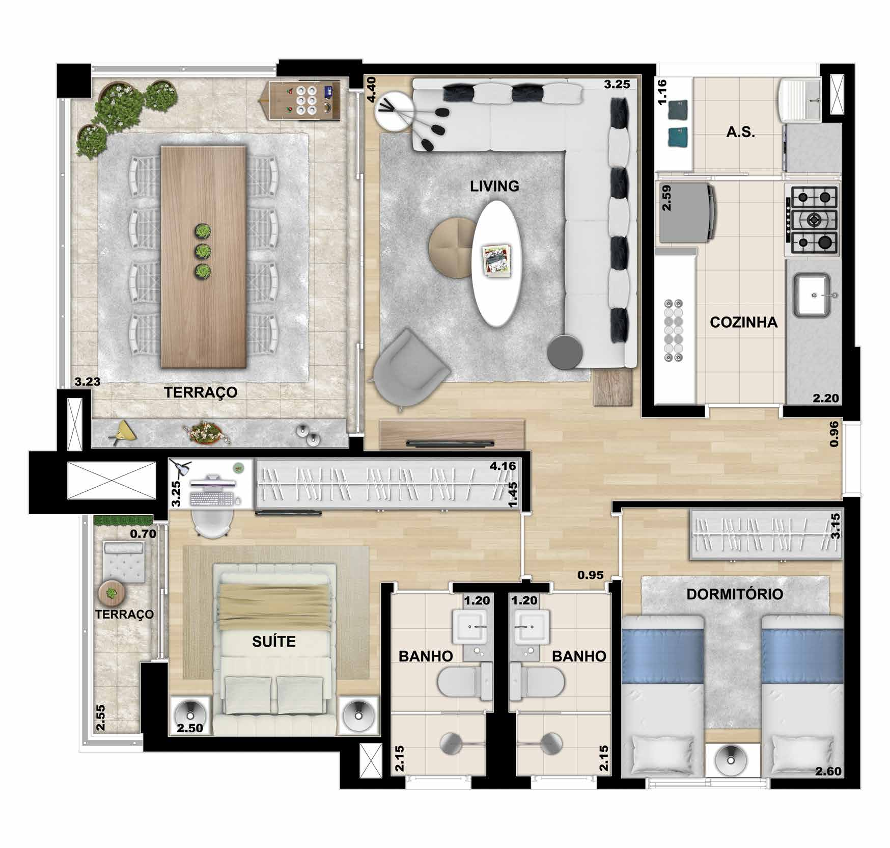 2 DORMS (1 SUÍTE) 2 VAGAS Terraço amplo, com churrasqueira elétrica *, integrado com o living. * Kit churrasqueira elétrica de embutir opcional, com custo à parte.