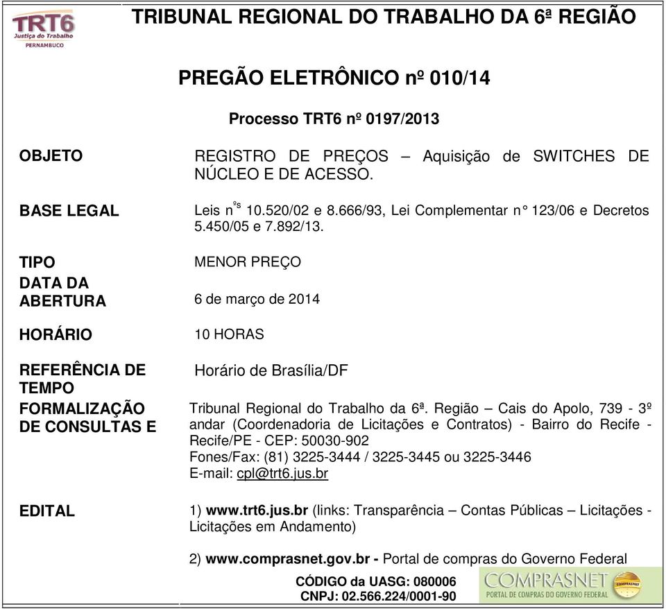 TIPO MENOR PREÇO DATA DA ABERTURA 6 de março de 2014 HORÁRIO REFERÊNCIA DE TEMPO FORMALIZAÇÃO DE CONSULTAS E 10 HORAS Horário de Brasília/DF Tribunal Regional do Trabalho da 6ª.