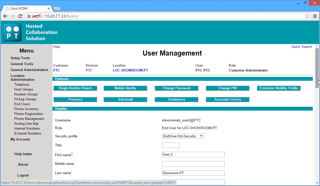 6. CONFIGURAR UTILIZADORES 1. Selecionar Location Administration e de seguida o menu End Users. Escolher o utilizador específico a configurar. 2.