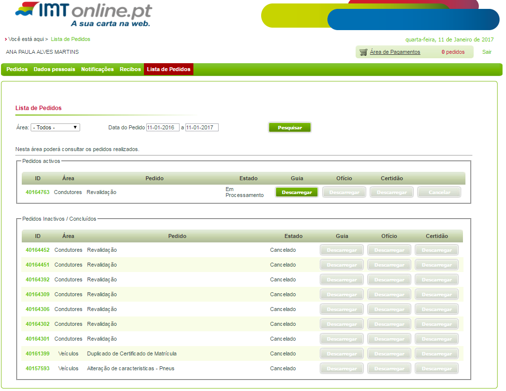 Na lista de pedidos poderá consultar todos os pedidos efetuados através do IMTOnline e o