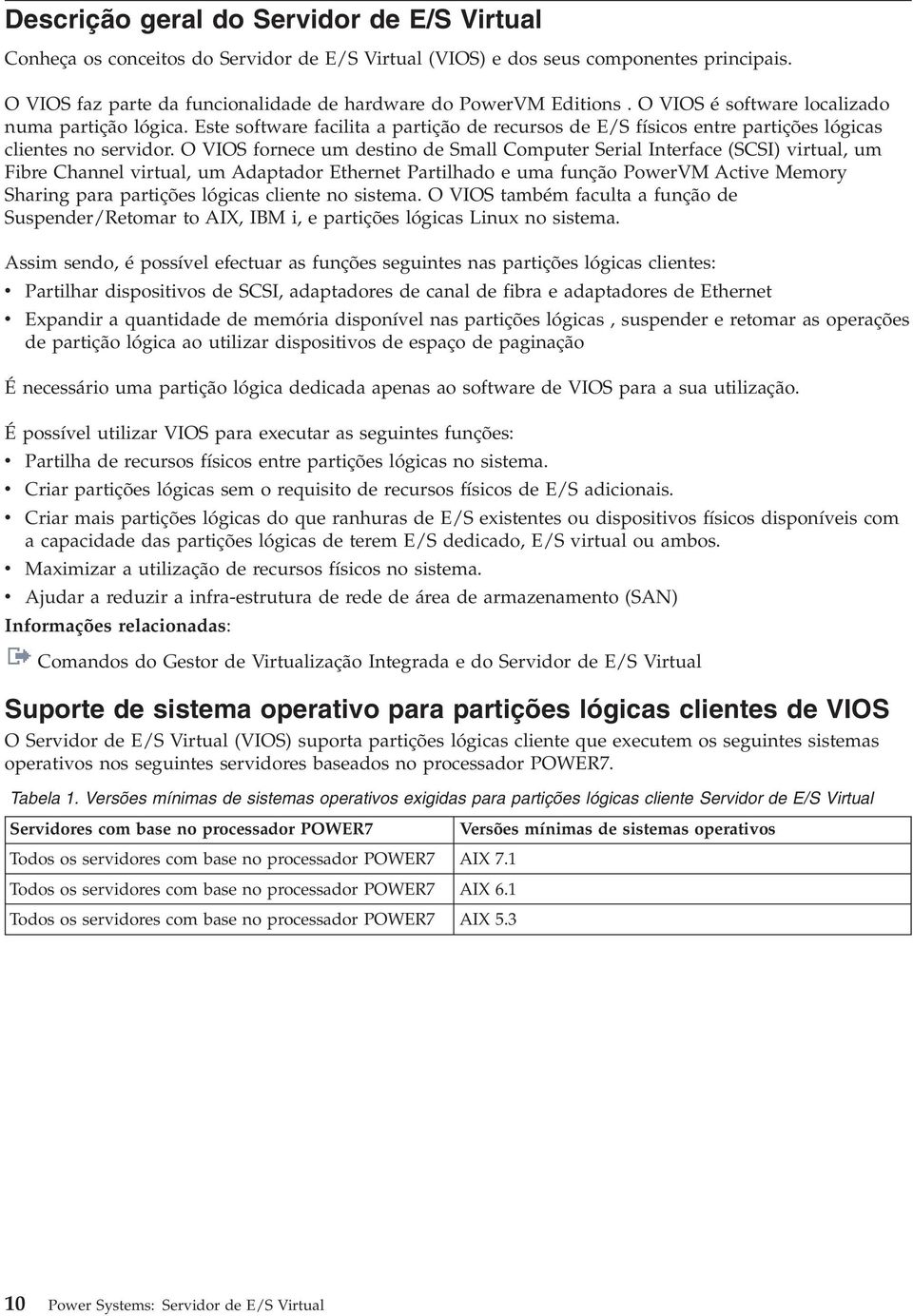 O VIOS fornece um destino de Small Computer Serial Interface (SCSI) irtual, um Fibre Channel irtual, um Adaptador Ethernet Partilhado e uma função PowerVM Actie Memory Sharing para partições lógicas