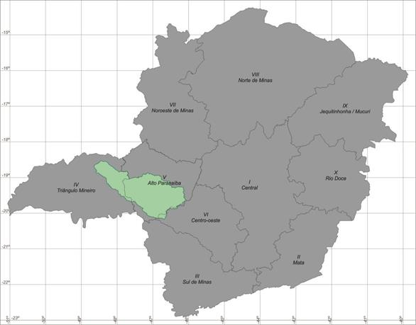 Mapa 1: Bacia do Rio Araguari e Regiões de Planejamento de MG. Compreende uma área de aproximadamente 22.