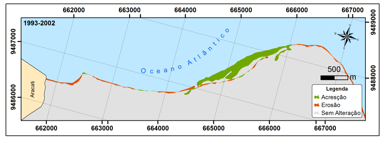 Figura 5. Análise evolutiva de 1993-2002, mostrando a contínua migração da barra arenosa e aumento do efeito erosivo na porção mais Oeste da área da Barra Grande.