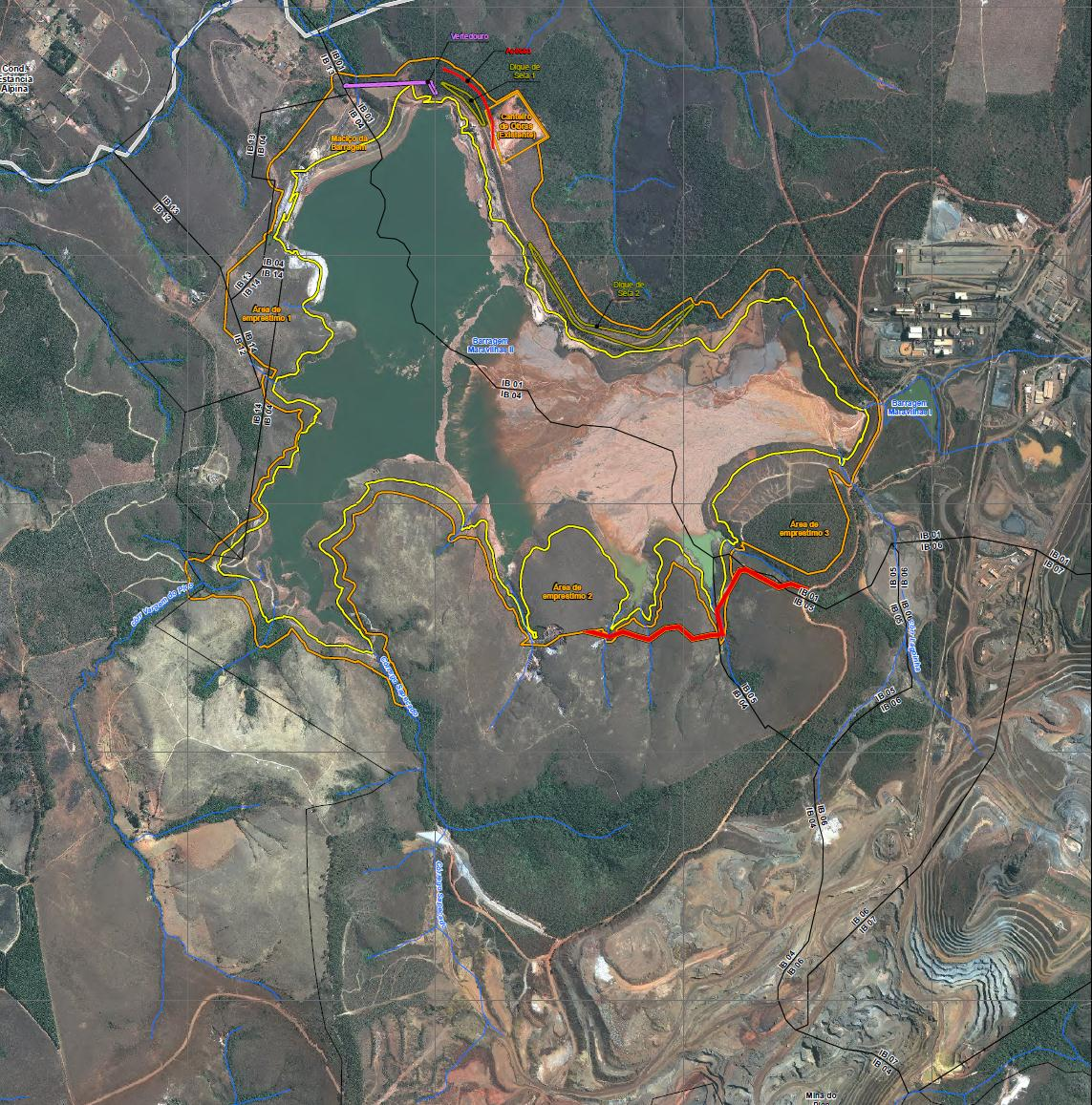 Figura 3 Vista da barragem existente e delimitações da área do reservatório para a cota 1290m (portaria 1747/2004), em amarelo, e alteamento solicitado para a cota 1300m, em laranja 2.