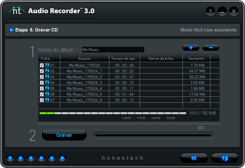 22. honestech 3.1.6. Etapa 6. Gravar CD Preparação para a gravação do CD Etapa 1. Crie uma lista das trilhas de áudio a serem gravadas no CD. Etapa 2.