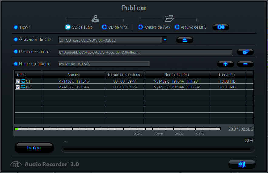 36. honestech 3.2.3. Publicação Converta arquivos WAV em MP3, CDs de MPS ou CDs de áudio. 1. : Opções do formato de saída 1) CD de Áudio: - Cria um CD usando os arquivos de áudio selecionados.