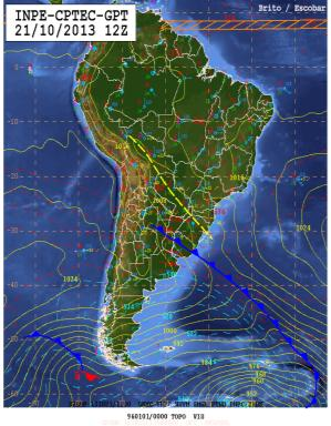 Nota-se um amplo cavado em superfície (figura 04) cujo eixo estende-se desde o norte da Bolívia, passando pelo Paraguai e pelo Estado do RS, no Brasil.