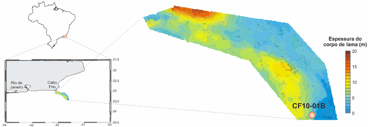 2. Materiais e Métodos O testemunho CF10-01B com 382 cm foi coletado no banco lamoso a 128 metros de profundidade (Figura 1) na plataforma externa ao largo de Cabo Frio.