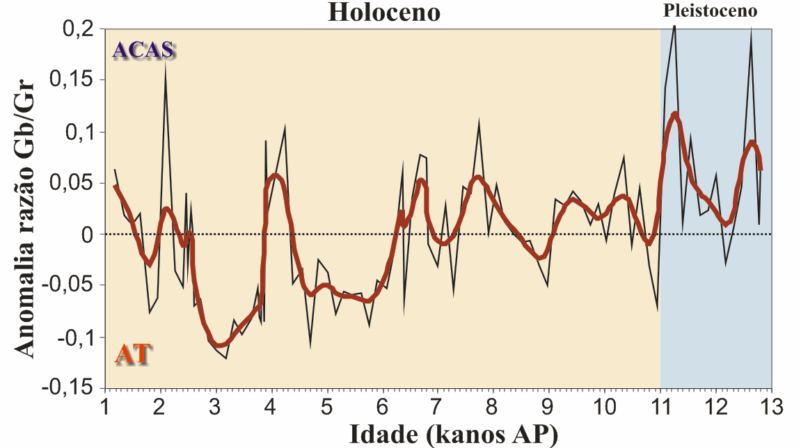 nas fases I e II (13 a 6,5 ka), mas apresentou vários picos na abundância podendo ser acompanhada por Neogloboquadrina dutertrei, Globigerinita glutinata ou Turborotalita quinqueloba.