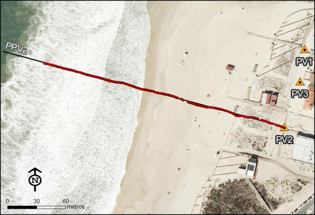 Figura 7. Aquisição de perfis de praia em modo automático ao longo de transectos pré-estabelecidos e exibidos no mapa da controladora do equipamento GNSS. 2.