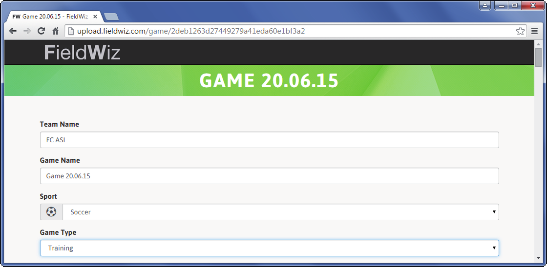 Aplicação on-line Jogo ou Treino - Insira o nome da sessão: (ex. Jogo vs. FC XYZ 20.06 ou Treino sessão manhã 20.06 ); - Selecione o tipo de desporto: (ex. futebol, rugby, hóquei em campo).