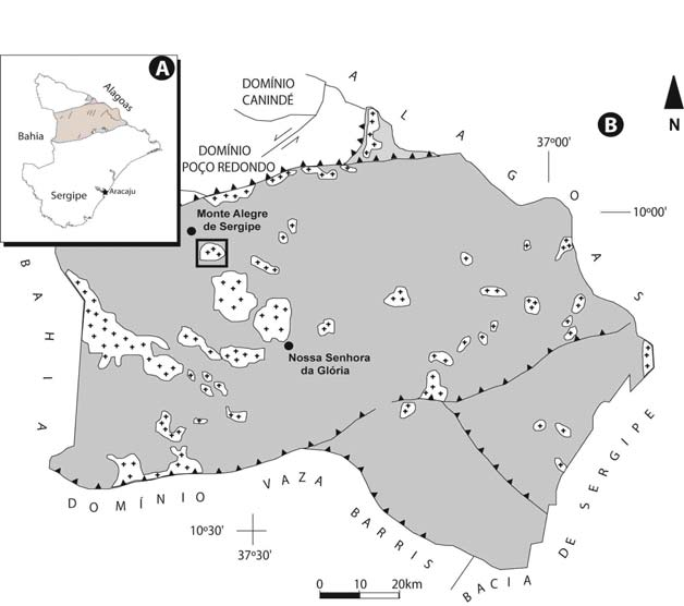 Figura 2. Contorno geográfico do Estado de Sergipe, com a localização em cinza do Domínio Macururé [A]. Esquema geológico simplificado do Domínio Macururé, após Santos et al.